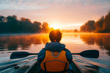 Back view of person wearing a life jacket paddling on calm lake water at beautiful sunrise, autumn season.