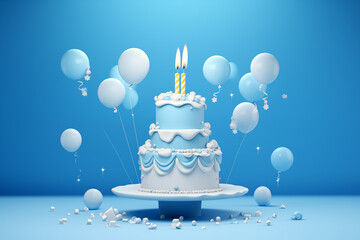 Celebratory Blue Birthday Cake with Balloons