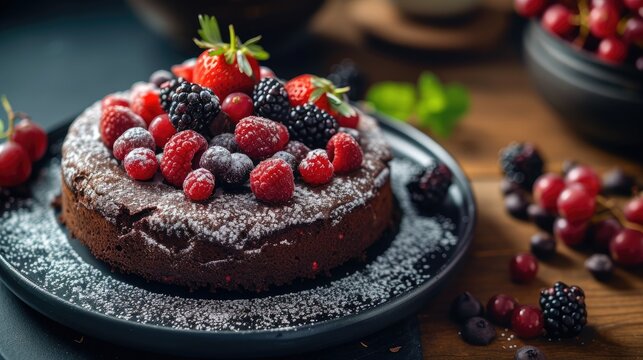 A decadent chocolate cake topped with berries and powdered sugar