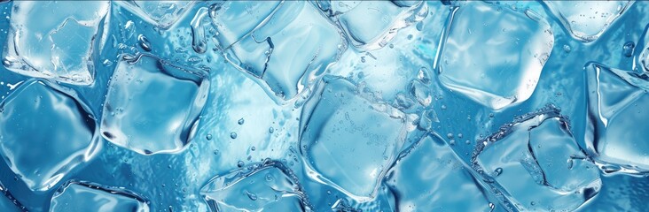 Frozen water takes center stage against a bluish background, embodied by glistening ice cubes.