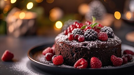 Fototapeta na wymiar A decadent chocolate cake topped with berries and powdered sugar
