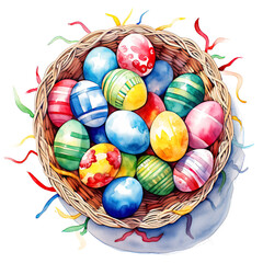 Fototapeta premium Watercolor Basket of Easter Eggs isolated on White Background