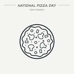 National Pizza Day, February 9. Vector outline icon set. whole round mushroom pizza. Top view.