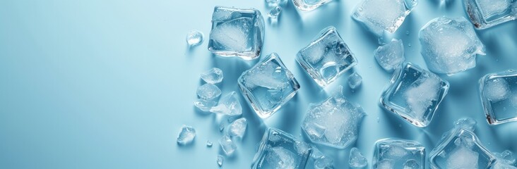 A background showcasing ice cubes against a bluish backdrop, capturing the essence of frozen water. - obrazy, fototapety, plakaty