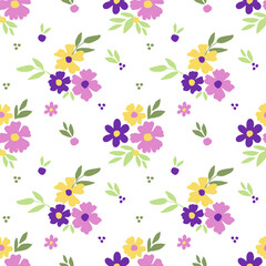 Simple delicate floral vector seamless pattern. Small wild flowers, leaves on a white background. For fabric prints, textiles, clothes.