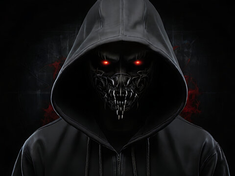 Computer hacker in mask and hoodie ,hacker face in hoodie ,hacker in a Vendetta mask ,Concept of hacking cybersecurity, cybercrime, cyberattack