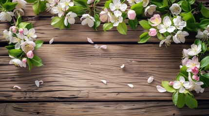 Wooden background adorned with cherry blossoms and spring flowers.