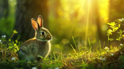 Easter background in nature featuring grass and rabbits in the forest.