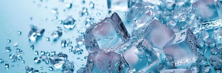 Frozen water represented by ice cubes set against a cool, bluish background.