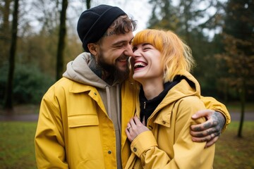 Fototapeta premium A man and woman are standing next to each other, smiling and facing the camera.