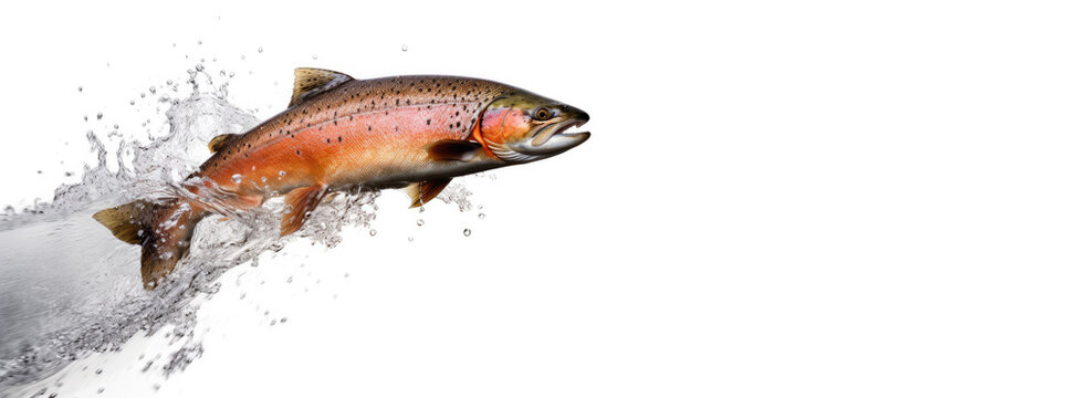 Pink salmon or trout flying in a splash of water on a white background.