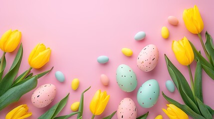 Vibrant Easter eggs separated against a soft pink backdrop featuring tulip blossoms.