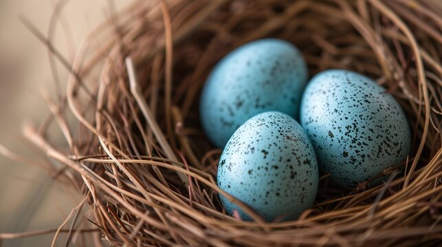 Easter concept background with three blue eggs in a bird's nest.