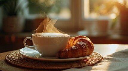 Steaming hot cup of coffee paired with a freshly baked croissant