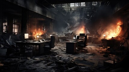Burnt out office, interior view. Destroyed windows and ceiling in the office. Disaster - obrazy, fototapety, plakaty