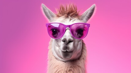 A llamas wearing sunglasses poses against a vibrant pink background.