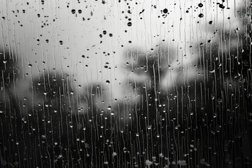 Rain drops create a pattern on a window pane, with tall buildings visible through the glass.