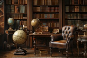 Old-world study surrounded by leather-bound books and antique globes, creating a mood of history and elegance. Generative AI - obrazy, fototapety, plakaty