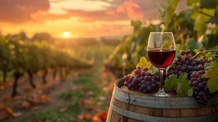A wine glass with a bottle of wine and a view of a vineyard on a sunny day. Winemaking concept.