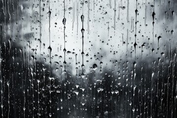 A black and white photo capturing rain drops on a windowpane.