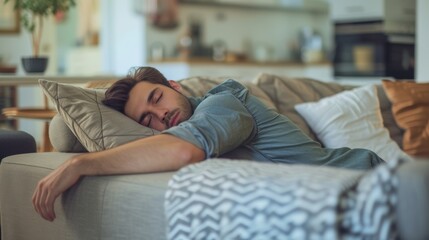 Man sleeping on a couch with a cushion, divorce, relationship concept