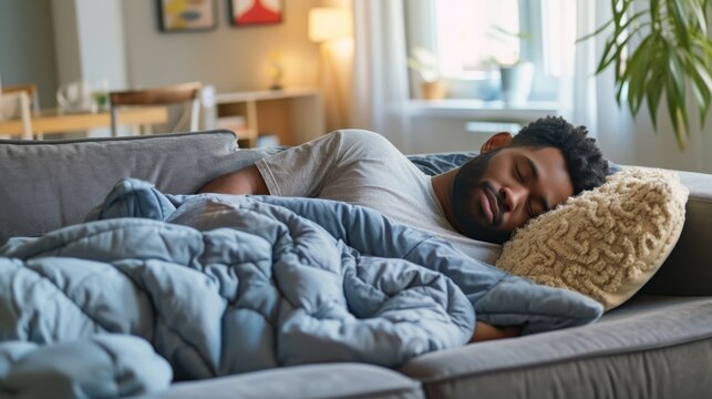 Man sleeping on a couch with a cushion, divorce, relationship concept