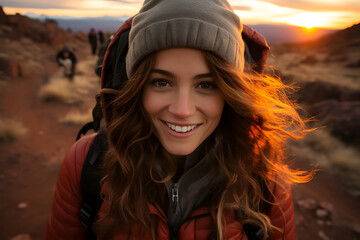 Beautiful young woman hiker in mountains at sunset, closeup