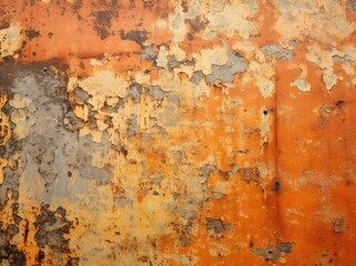 An old metal surface covered in peeling paint layers, showcasing the effects of rust and decay.