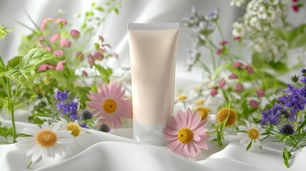 Obraz na płótnie Canvas White cosmetic tube of cream or lotion with wildflowers on white bed background with sunlights