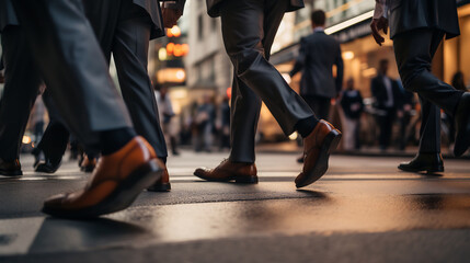 Busy Urban Professionals Walking on City Street During Rush Hour. Low Angle View of Businesspeople's Shoes in Motion, Business District Concept - obrazy, fototapety, plakaty