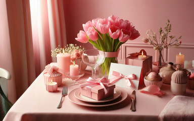 Mother's Day concept. Top view photo of heart shaped plate fork knife stylish gift boxes with ribbon bows and tulips