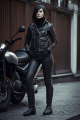 Fototapeta na wymiar woman in black leather attire stands beside a parked motorcycle, ai generative