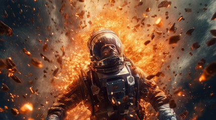 Fototapeta premium An astronaut in an explosion, elevating the futuristic action movie concept