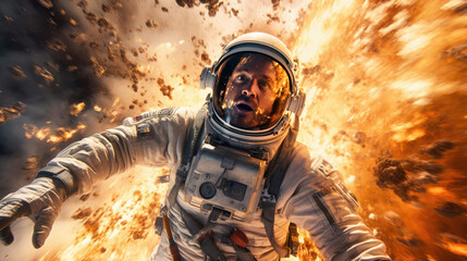 An astronaut in an explosion, elevating the futuristic action movie concept