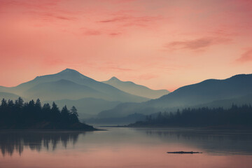 A stunning lake shimmers under a pink sky, framed by towering mountains.