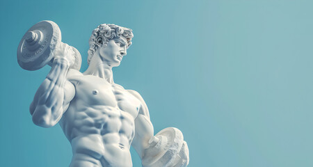 Bodybuilder male Greek Sculpture with Muscles on blue background, copy space - obrazy, fototapety, plakaty
