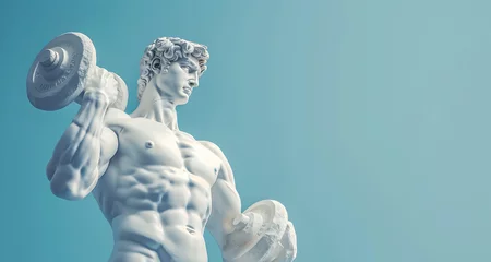 Poster Bodybuilder male Greek Sculpture with Muscles on blue background, copy space © Nastya