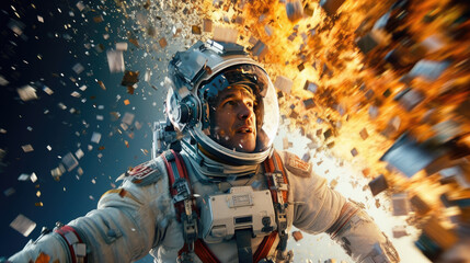 An astronaut in an explosion, elevating the futuristic action movie concept - obrazy, fototapety, plakaty