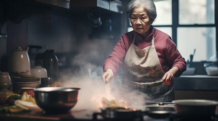 Asian grandmother cooks traditional dishes in a dim, cluttered kitchen, preserving cultural...