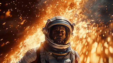 Fototapeta premium An astronaut in an explosion, elevating the futuristic action movie concept