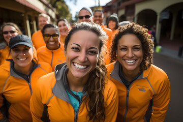 Portrait of smiling friends at bus stop during obstacle course in boot camp