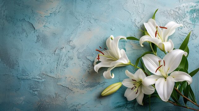Gorgeous white lilies on a background of walls.