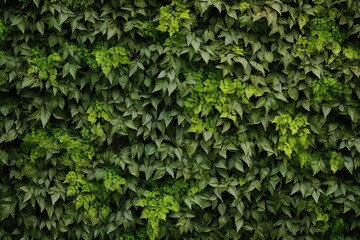 A brick wall completely covered in numerous vibrant green leaves, creating a dense and lush foliage.