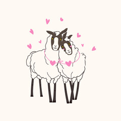 Outline Two Sheep wearing pink heart ribbon. Happy valentines card. Cartoon line art vector animal illustration on beige background