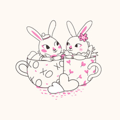 Outline Sweet love bunny couple sitting in cup. Vector happy valentines day card. Rabbit character line art illustration