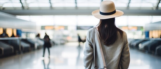 A woman wearing a hat is seen walking through the bustling terminal of an airport, surrounded by fellow travelers and airport staff.