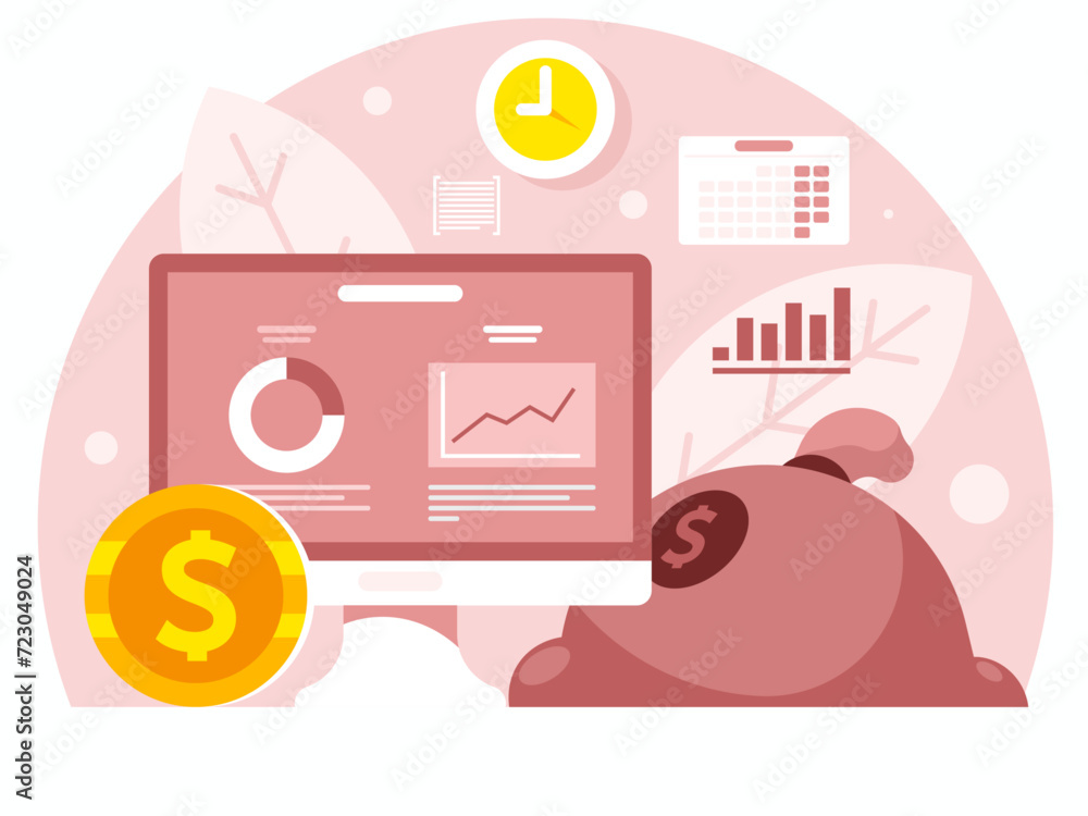 Poster financial statements. display with reporting on the background of a bag of money. vector graphics