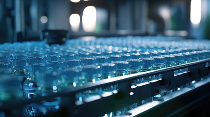 Fototapeta na wymiar Mineral water bottles on factory conveyor belt with automatic line