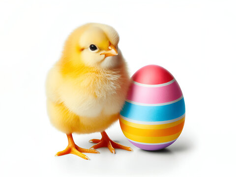 Pulcino giallo carino con uovo di Pasqua colorato a strisce, su sfondo uniforme e bianco