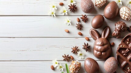 Easter eggs made of chocolate on a white wooden background.